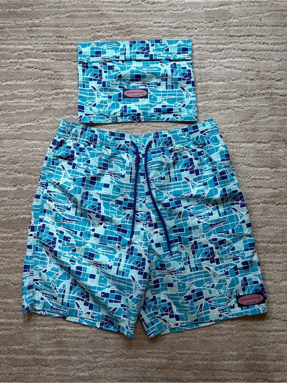 Vineyard Vines Boys Blue Shark Swim Trunks With Matching Swimsuit Pouch